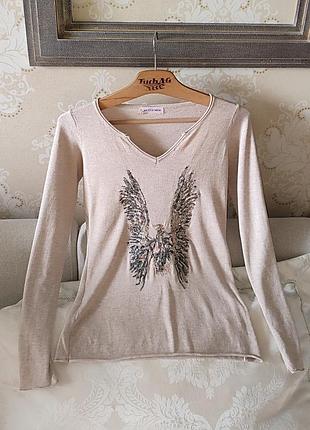 Кофта на осінь вискоза светр свитер реглан лонг логнслів лонгслив пуловер вишивкою паєтках л l m 46-48 38-40 12-14 бежевая беж вишиванка нарядна