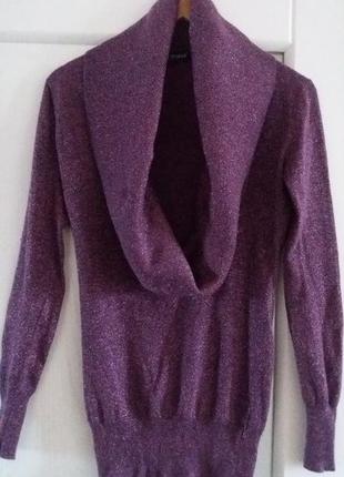 Фиолетовый сиреневый джемпер свитер с люрексом с шалевым воротником размер м.1 фото