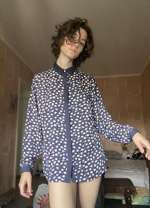 Сорочка у квітковий принт, синя блуза, шовковиста на дотик