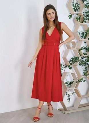 Женское платье летнее на запах красное миди длинное женское платье на запах с декольте празднично платье с декольте длинное обмін