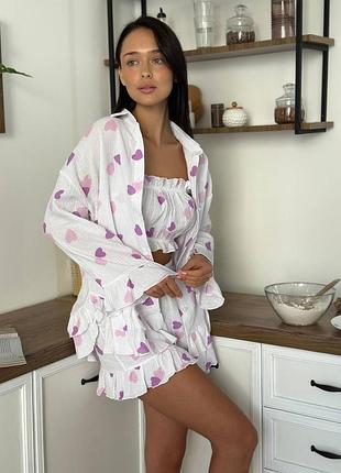 Женский пижамный комплект kv2865 (топ + шорты + накидка из муслина)