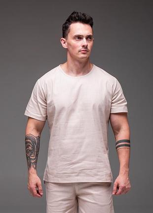 Чоловіча футболка льон , бежева круглий виріз
