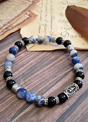 🔺браслет-амулет руна богатства феху (ᚠ) натуральний содаліт та чорний онікс