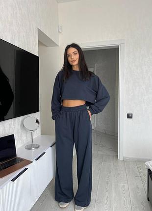 Спортивный костюм кроп-свитшот + штаны графит, женский костюм трехнить петля, прогулочный костюм из трехнитки, 005