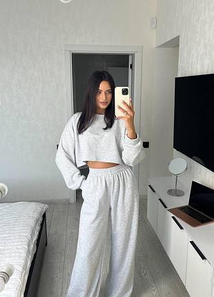 Спортивный костюм кроп-свитшот + штаны меланж, женский костюм трехнитка петля, прогулочный костюм из трехнитки, 005