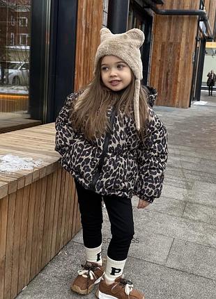 Леопардова куртка для дівчинки двохстороння чорна євро зима тепла з капішоном