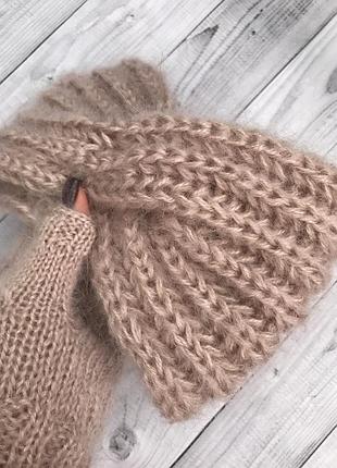 Пухнаста мохерова чалма тепла пов'язка шерсть вязані мітенки7 фото