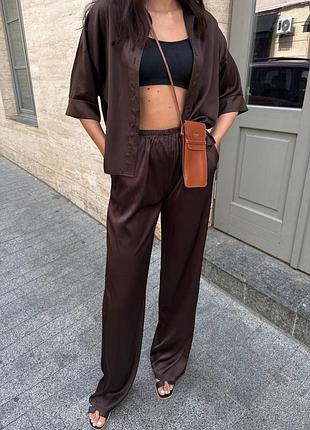 Шелковый костюм двойка брюки + рубашка шоколад, женский костюм на лето шелк армани, 910