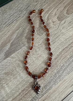 Колье, бусы, ожерелье, чокер, серебро, срібло, янтарь, бурштин