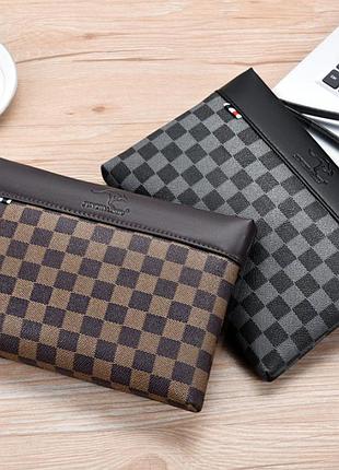 Чоловічий великий клатч барсетка кенгуру клітинка, гаманець портмоне сумка на ремінці