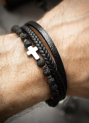 Мужской браслет из натуральной кожи friar t1 черный плетеный с крестом 17-19 см
