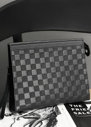 Великий чоловічий клатч барсетка з тисненням у клітку, гаманець сумка з ремінцем