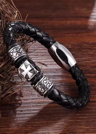 Мужской браслет из натуральной кожи old templar черный плетеный с крестом 17-19 см