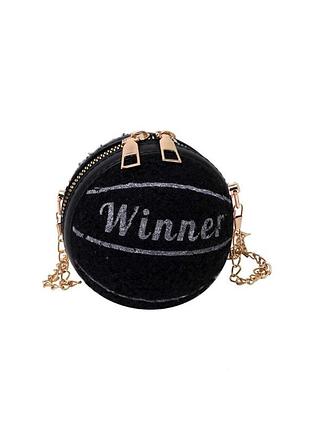 Женская круглая сумка меховая 10406 winner мяч с цепочкой черная