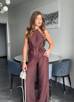 Шоколадний костюм з льону топ штани