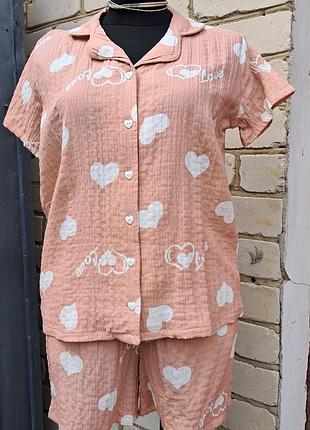 Пижама муслин рубашка шорты в английском стиле розовая персиковая белые сердечки сердечки