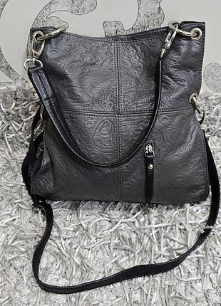 Шикарная кожаная женская серо-черная сумка genuine leather borse in pelle taлия.