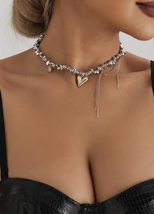 Стильне сріблясте кольє намисто ланцюжки вінтажний стиль кулон серце