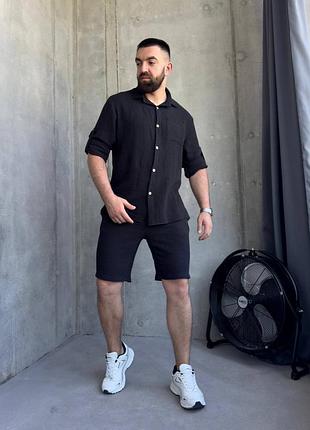 Костюм чоловічий літній з мусліну сорочка і шорти комплект повсякденний бавовняний легкий для відпочинку чорний