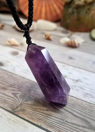 🔺💜✨ кулон "кристалл" на плетеном шнурке натуральный камень аметист