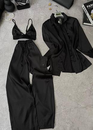 🌈 черный, беж! шикарный шелковый костюм женский женский топ брюки рубашка шелк шелк