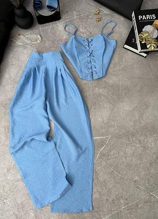 🌈8! шикарный льняной женский костюм голубой голубой голубой топ брючины брюки женский шнурки