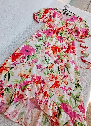 Яркое льняное миди платье на запах f&f