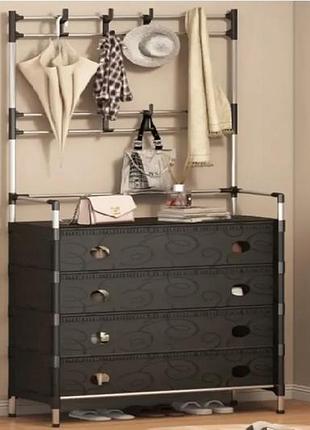 Залізна вішалка для одягу + підставка для взуття, 2 в одному, 4 полиці чорний