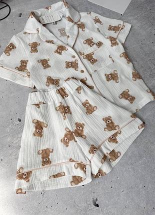 Стильні муслінові піжами у принт сердечка та ведмедики гарна якість