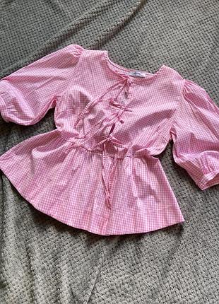 Вільна оверсайз блуза блузка з баскою топ в клітинку на зав’язках з пишними рукавами буфами ліхтариками в стилі baby doll