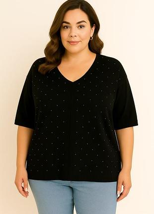 Джемпер женский вязаный с коротким рукавом с блестками, фабричного качества, плюс сайз, батал, черный