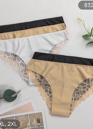 Жіночі бавовняні безшовні трусики сліпи з мереживом nicoletta, набір (5 шт), розміри 2xl
