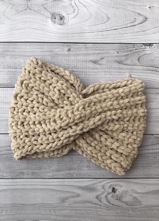 Бежева сіра чалма пов'язка на голову тепла в'язана обідок плюшева