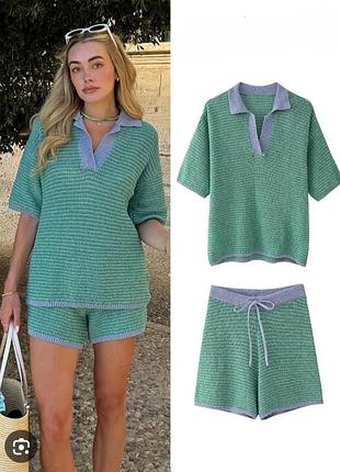 Костюм букле вязаный топ футболка поло оверсайз шорты высокая посадка xs/s/m