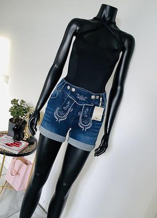 Женские джинсовые шорты waldschütz с вышивкой, модель trachtenjeans, размер 36, с завышенной талией, стиль баварский, с хлопком и эластаном
