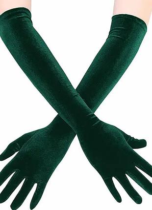 Вище ліктя темно-зелені велюрові/оксамитові рукавички для образу/фотосесію