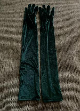 Вище ліктя темно-зелені велюрові/оксамитові рукавички для образу/фотосесію