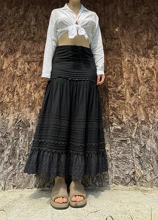 Юбка длинная макси h&m темно синяя с вышивкой ажурной годе расклешенная 34 36 xs s хлопок ярусная в пол хиппи блох винтаж ретро цыганская