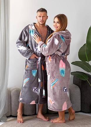 Халат ниже колена с капюшоном плюш лимоны перья 42-56 р-р