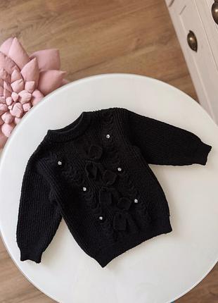 Вязаный теплый свитер свитер свитерчик кофта вязаная черная с бантиками для девочки 18-24мис 1,5-2р 86-92см