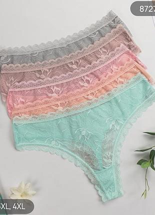 Жіночі бавовняні трусики стрінги батал з мереживом nicoletta, набір (5 шт), розміри 2xl, 3xl, 4xl