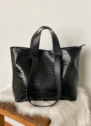 Чёрная женская сумка шоппер под рептилию