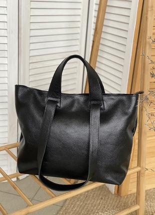 Чорна жіноча шкіряна сумка трансформер шоппер