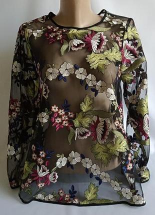 Нарядная блуза river island черная с яркой цветочной вышивкой праздничная блузка