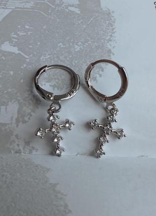 Серебряные серьги крестики серебро 925 серебряные шарики с фианитами циркон ювелирные украшения в подарок
