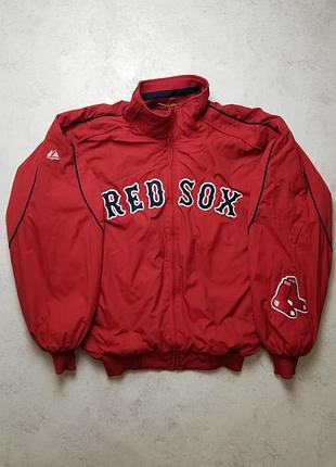 Бейсбольна куртка boston red sox coat mlb baseball majestic warm up red lined jacket