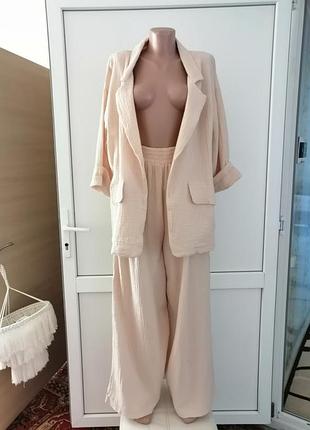 Шикарный летний костюм из натуральной ткани хлопок муслин длинные широкие брюки высокая посадка