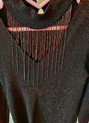 Лонгслив коричневый люрекс дизайнерский декорирован с бисером и цепочками лонг кофта укороченный топ приталенный с рукавом