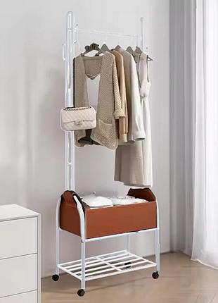 Вішалка підлогова для одягу пересувна з полицею для взуття металева висота 184 см, колір білий
