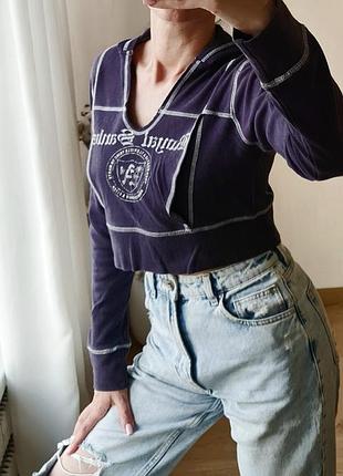 Приятный к телу укороченный синий джемпер тонкий хлопковый худи спортивная кэжуал кофта кроп удобный с капюшоном капюшоном s xs и карманом спереди